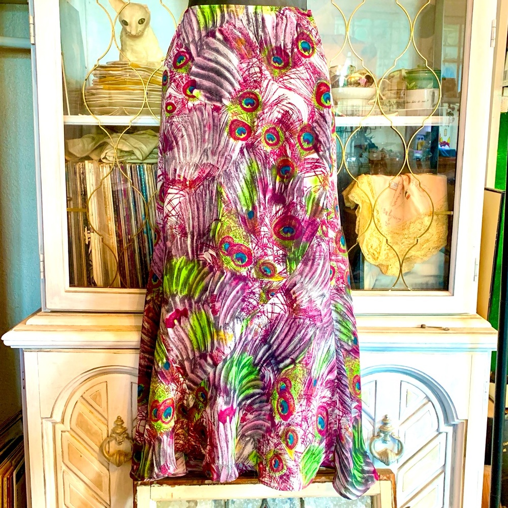 Harve Bernard peacock feather maxi skirt